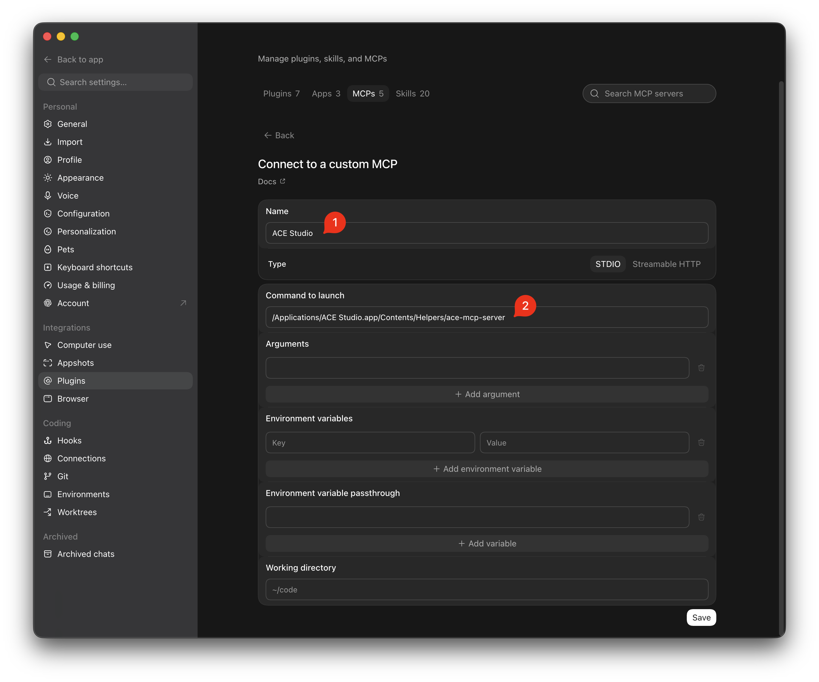 Add MCP Server dialog with ACE Studio STDIO configuration