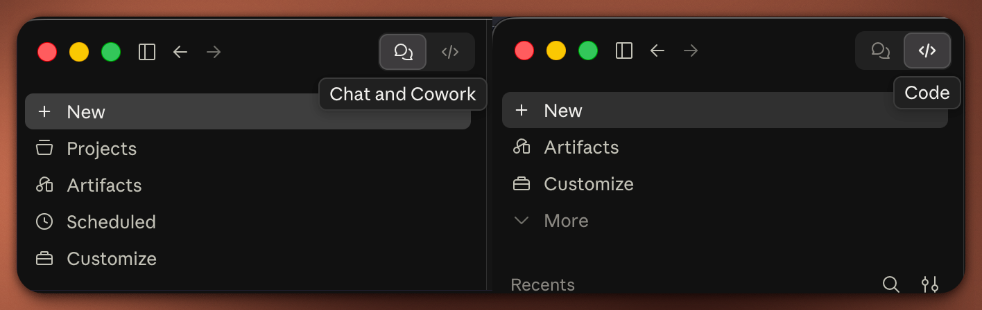 Mode selector in Claude Desktop showing Chat, Cowork, and Code