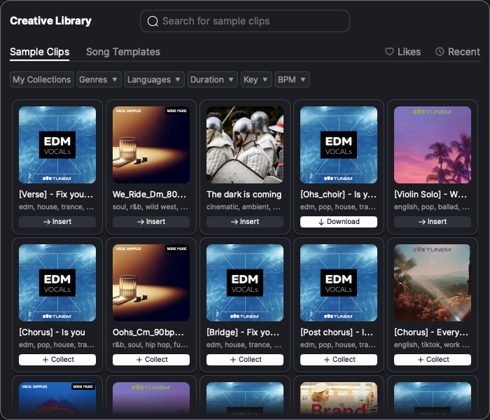 The Sample Clips tab of the Creative Library.
